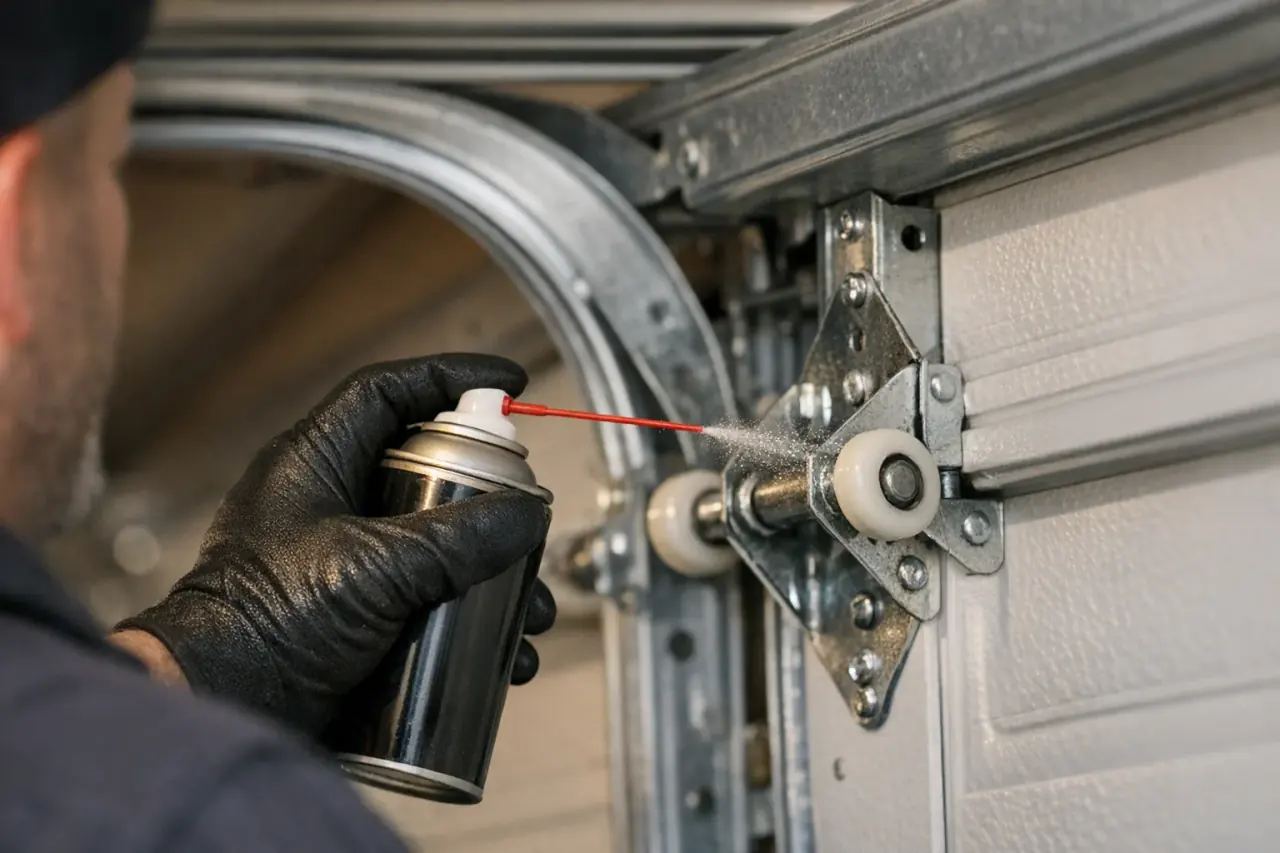 Gloved hand lubricating a garage door hinge and roller in the steel track