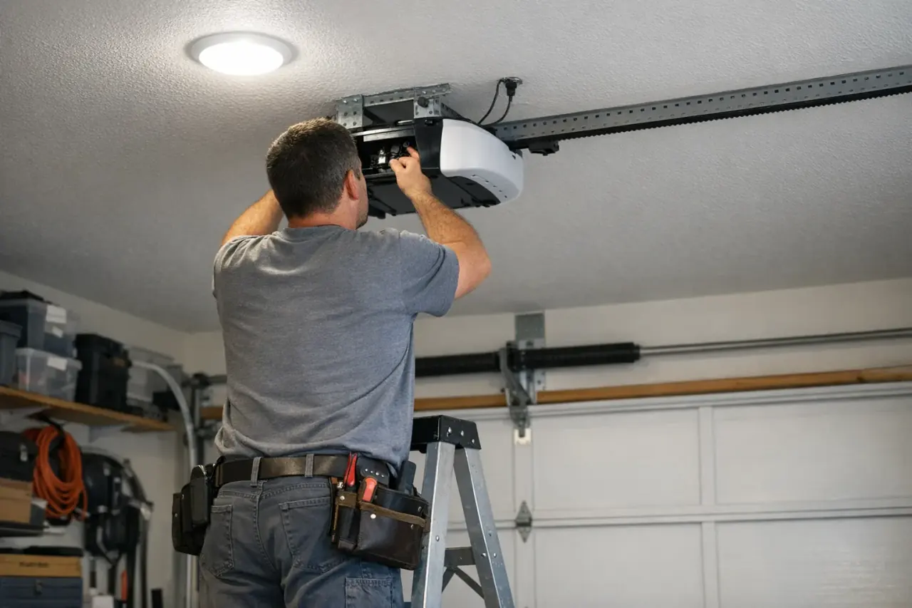 Technician on a stepladder working on a ceiling-mounted belt-drive garage door opener
