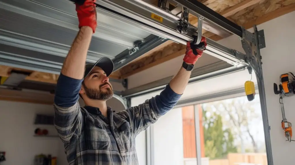 Name-Brand vs. Generic Garage Door Parts: Which to Choose? Technician adjusting garage door roller and track system during repair