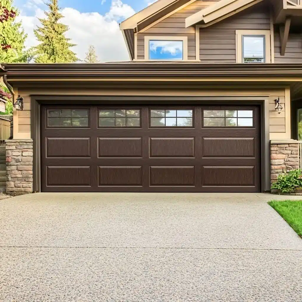 Modern brown double garage door with windows on suburban home