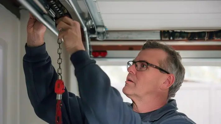 Technician repairing garage door spring and chain mechanism in residential garage