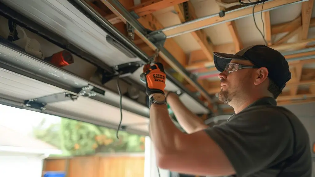 Improve Home Efficiency with Garage Door Insulation Garage door technician using tools to adjust opener mechanism during repair