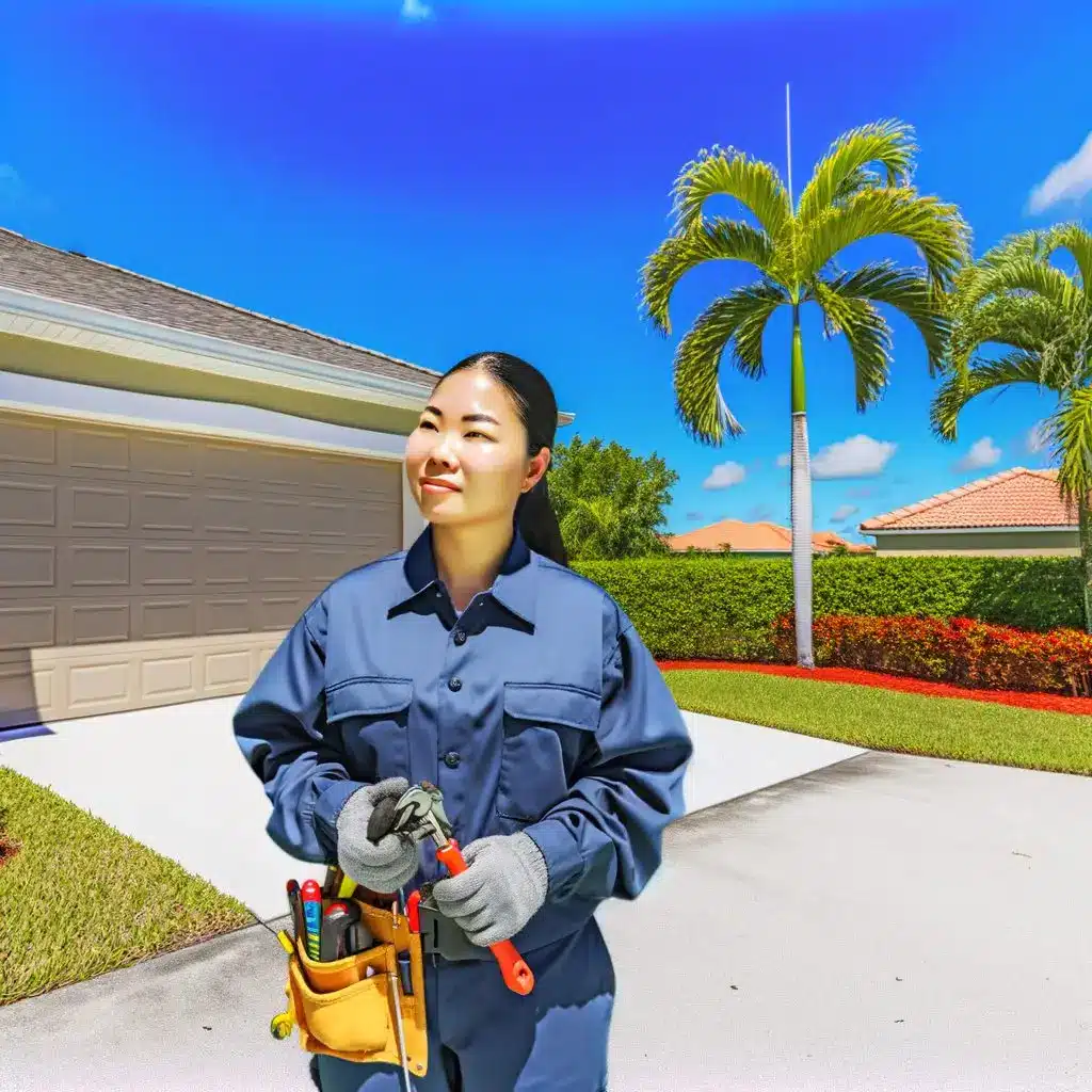 A professional technician inspecting a garage door in a sunny Florida neighborhood